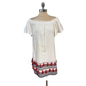 Piper by Townsen White Off Shoulder Tassel Trim Boho Dress Medium
